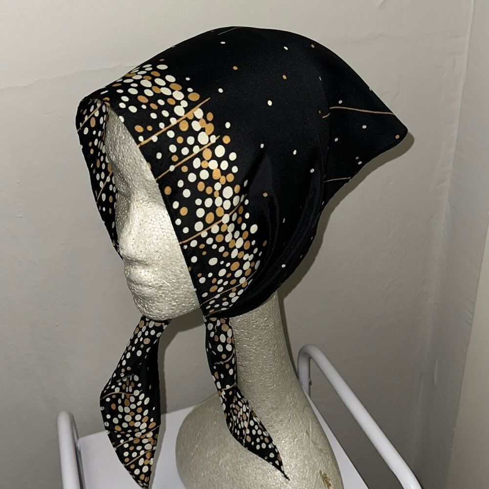 Vintage mid‎ century black, white & gold polyester head scarf